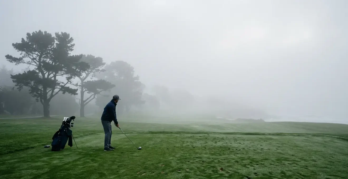 Golfer selecting club on coastal fairway surrounded by thick morning marine layer fog