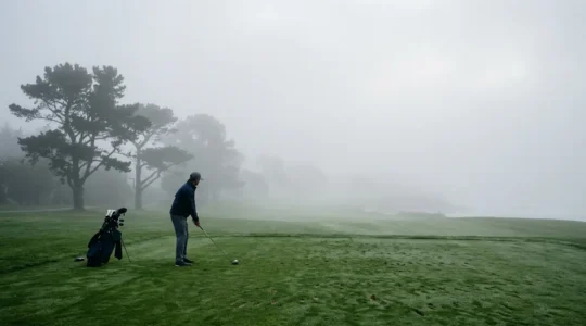 Golfer selecting club on coastal fairway surrounded by thick morning marine layer fog