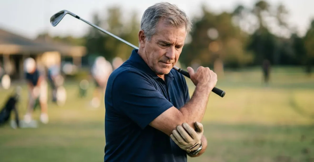 Golfer holding elbow showing subtle signs of discomfort during follow-through