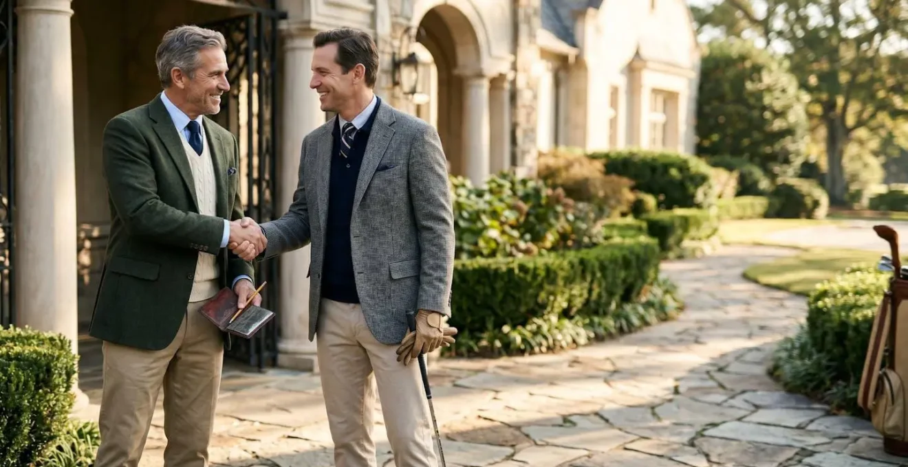 Professional golfer and club executive shaking hands at elegant private club entrance