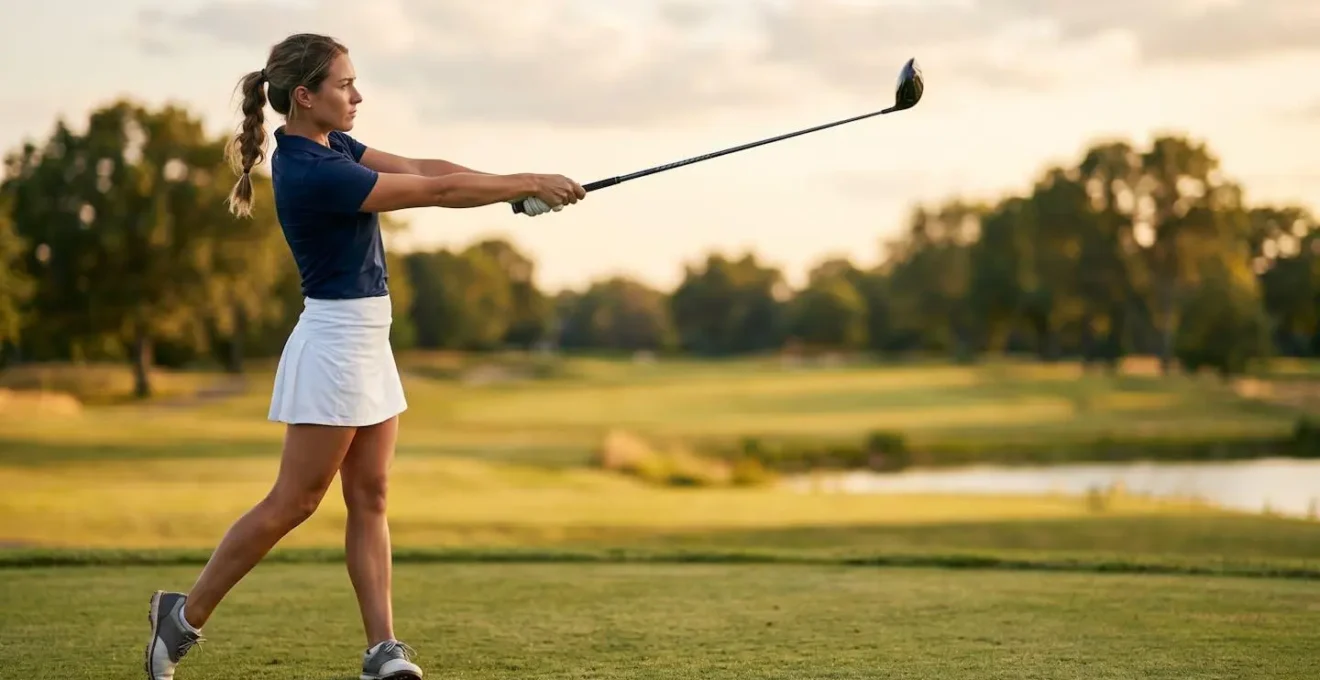 Golfer demonstrating full extension through follow-through with arms extended toward target