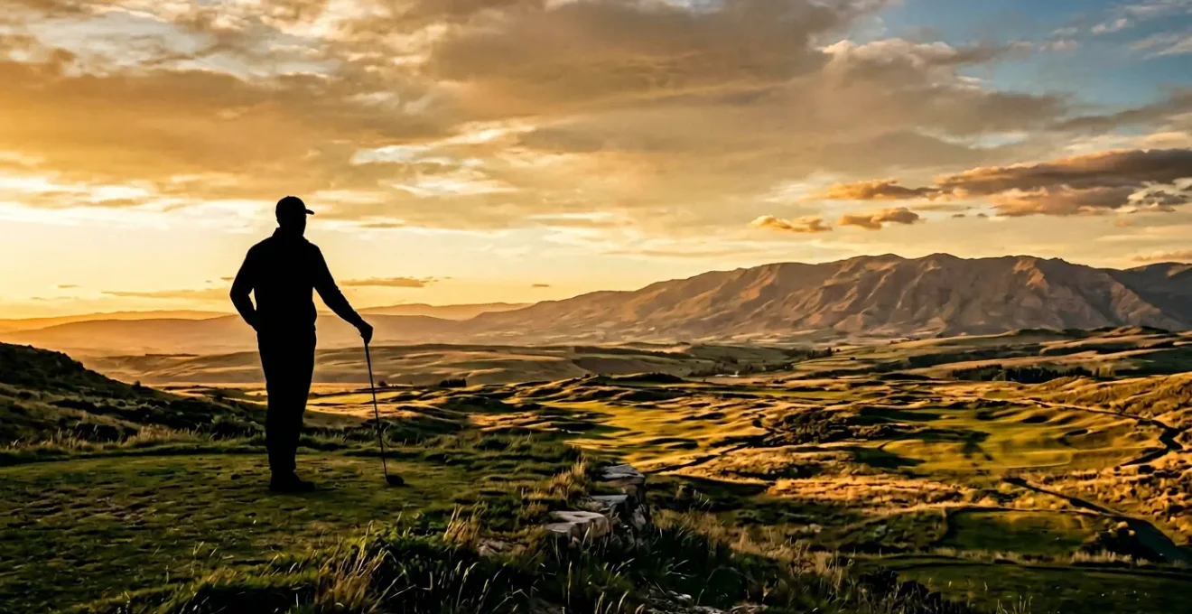 Golfer standing on elevated tee box gazing at distant horizon during golden hour