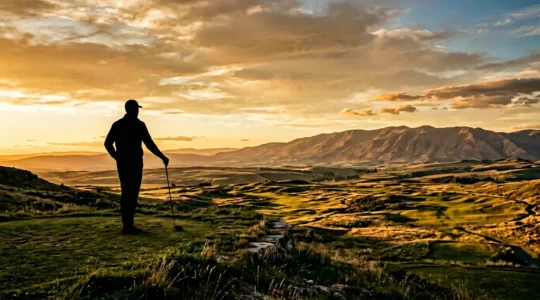 Golfer standing on elevated tee box gazing at distant horizon during golden hour