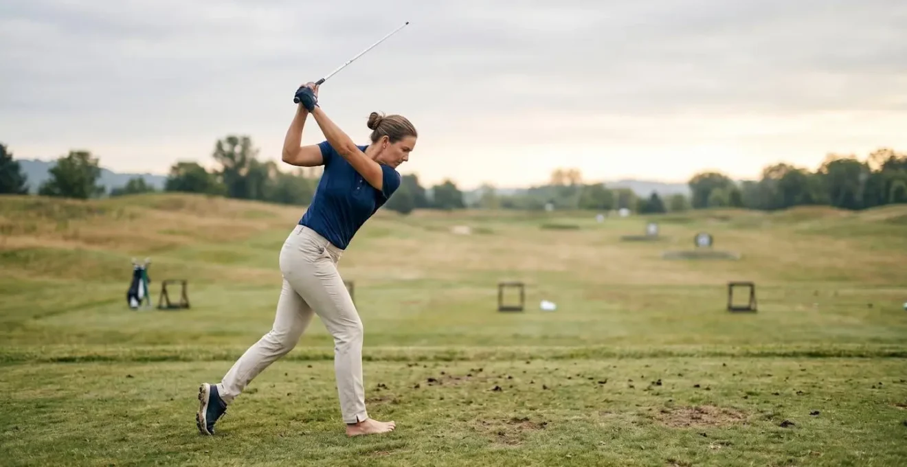 Wide angle view of golfer demonstrating ground force mechanics during speed training with alignment stick