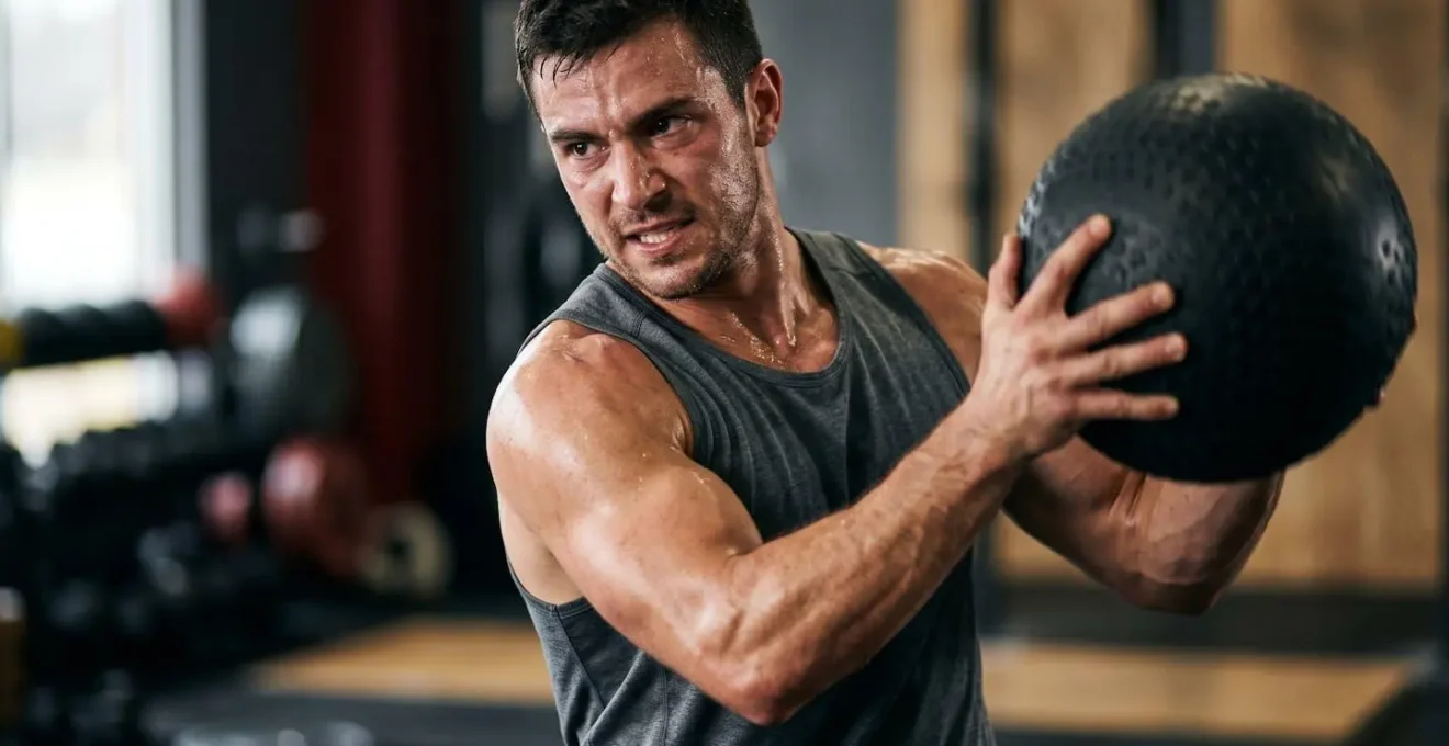 Athlete performing explosive rotational medicine ball slams in gym setting