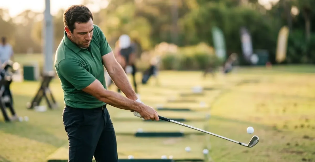 Golfer at impact showing subtle postural compensation with focus on lower body positioning and weight transfer