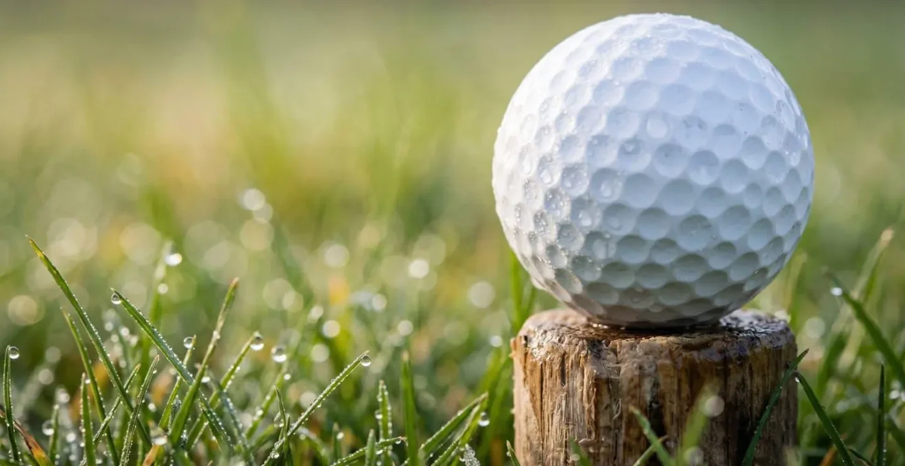 Extreme close-up of golf ball on tee with morning dew on grass blades
