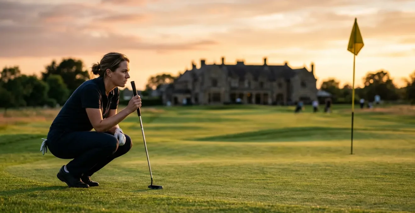 Professional golfer lining up crucial putt on the 18th green during golden hour