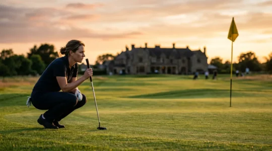 Professional golfer lining up crucial putt on the 18th green during golden hour