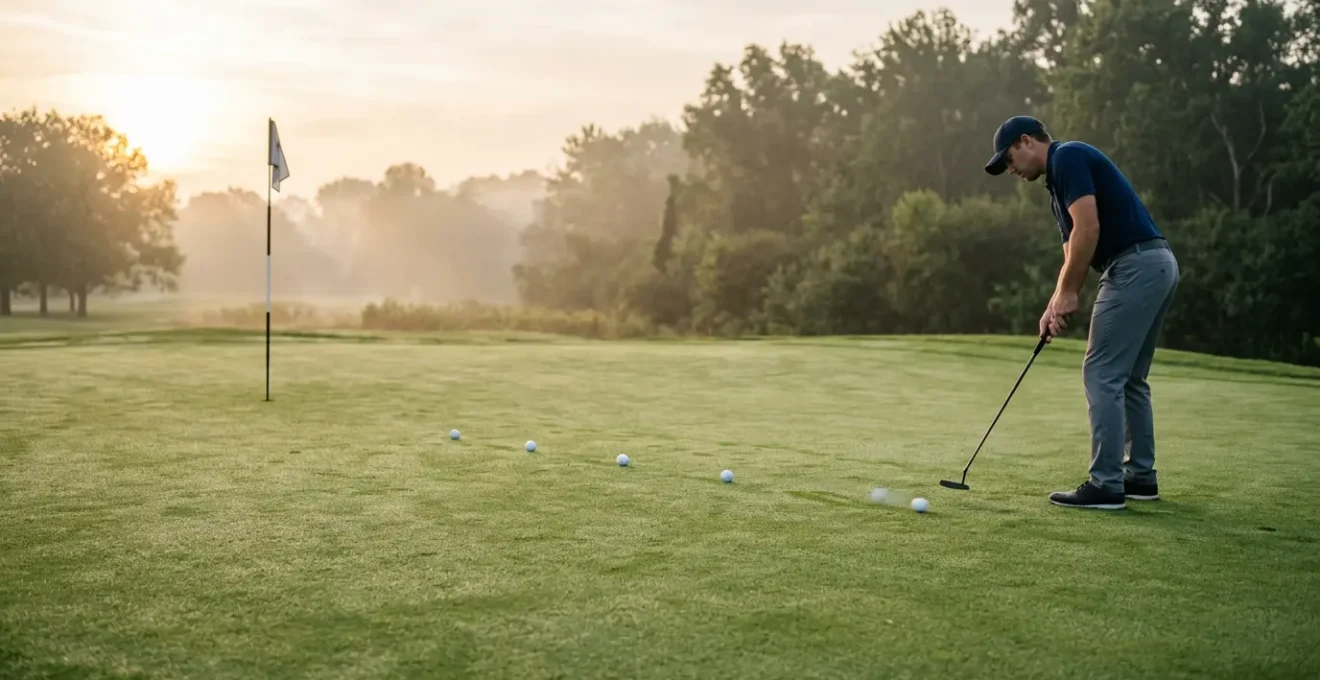 Professional golfer practicing distance control with ladder drill on pristine putting green