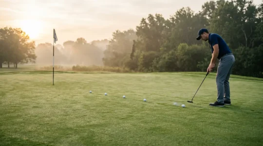 Professional golfer practicing distance control with ladder drill on pristine putting green