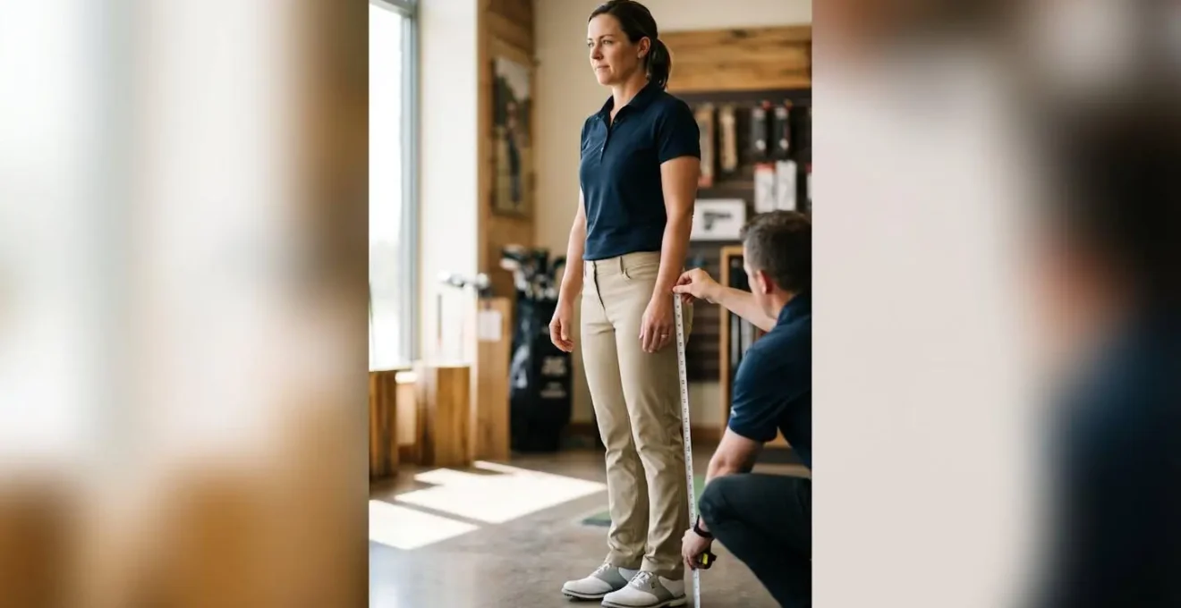 Person demonstrating proper wrist-to-floor measurement technique in neutral golf stance