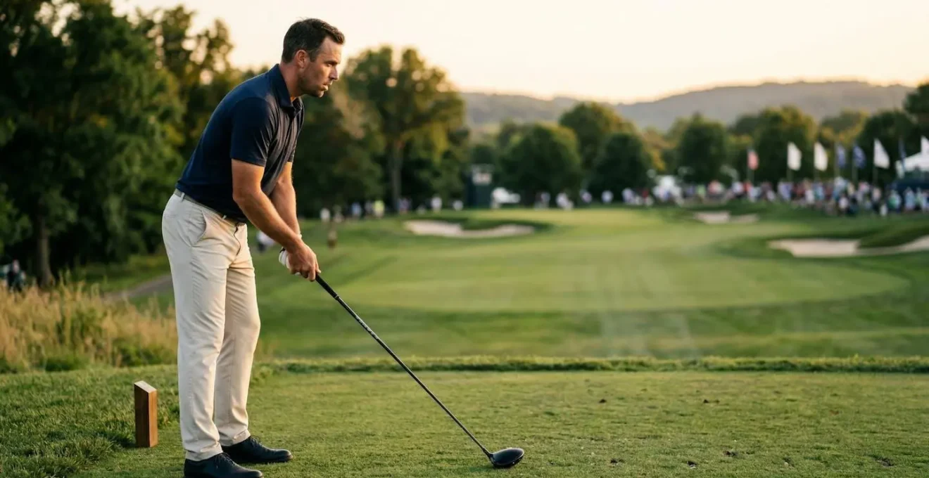 Focused golfer on first tee in championship setting displaying mental composure