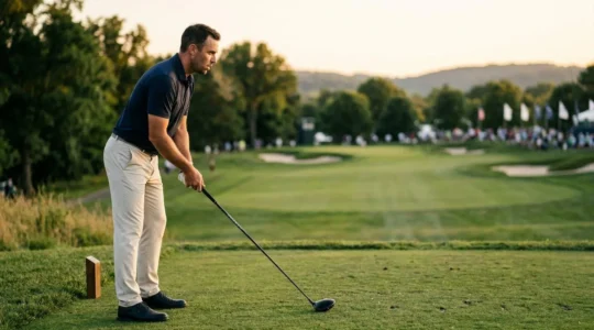 Focused golfer on first tee in championship setting displaying mental composure