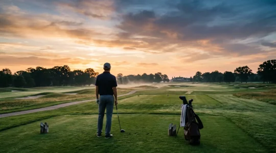 Professional golfer standing on first tee at sunrise with dramatic lighting showing focus and determination