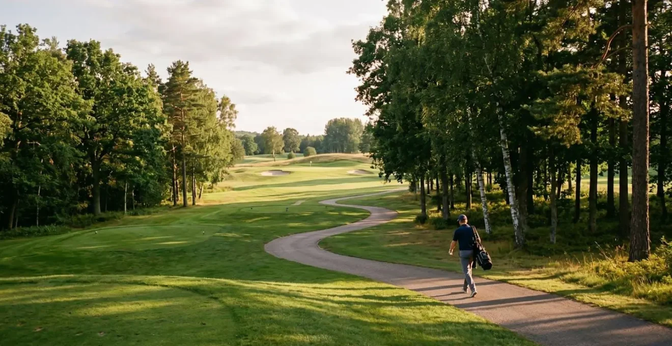 A lone golfer walking along a cart path between holes, representing a moment of mental reset.