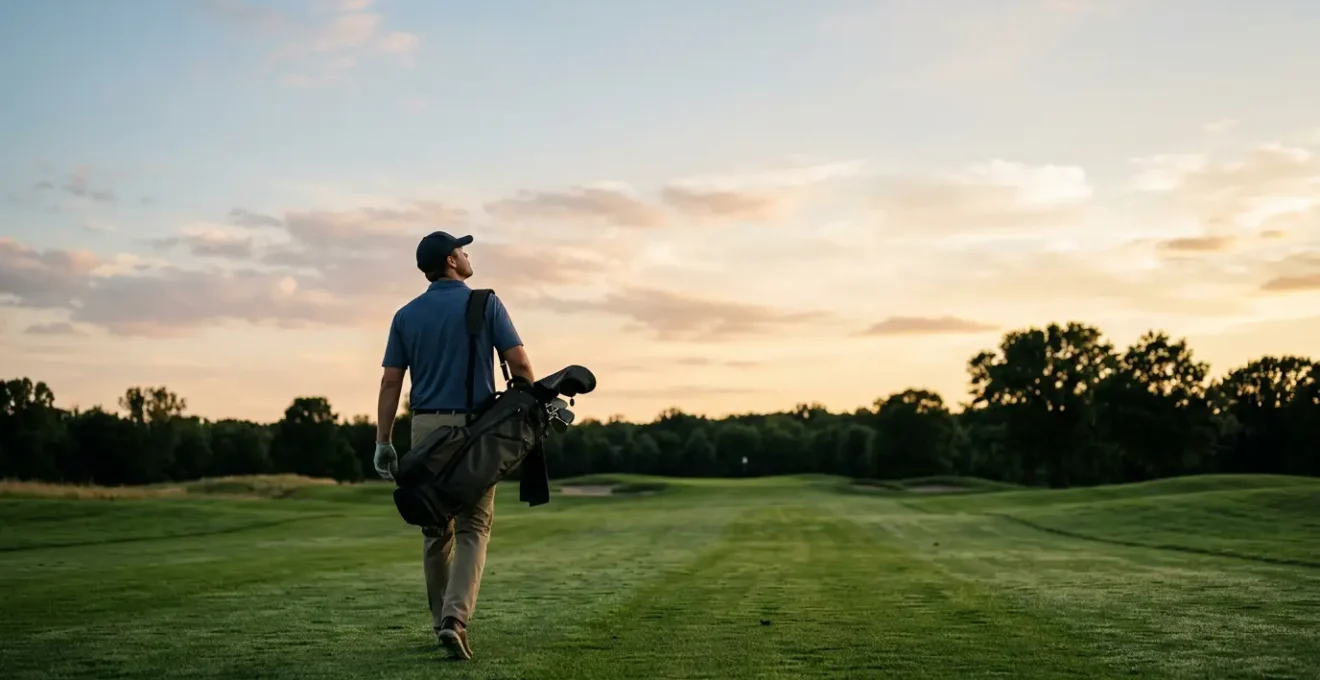 Golfer walking away from challenging shot with calm demeanor towards horizon