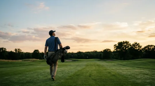 Golfer walking away from challenging shot with calm demeanor towards horizon