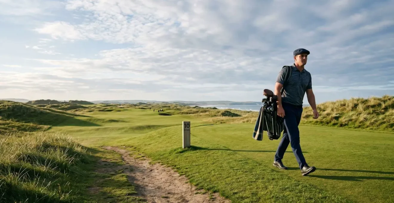 Professional golfer mid-stride on golf course demonstrating mental reset technique