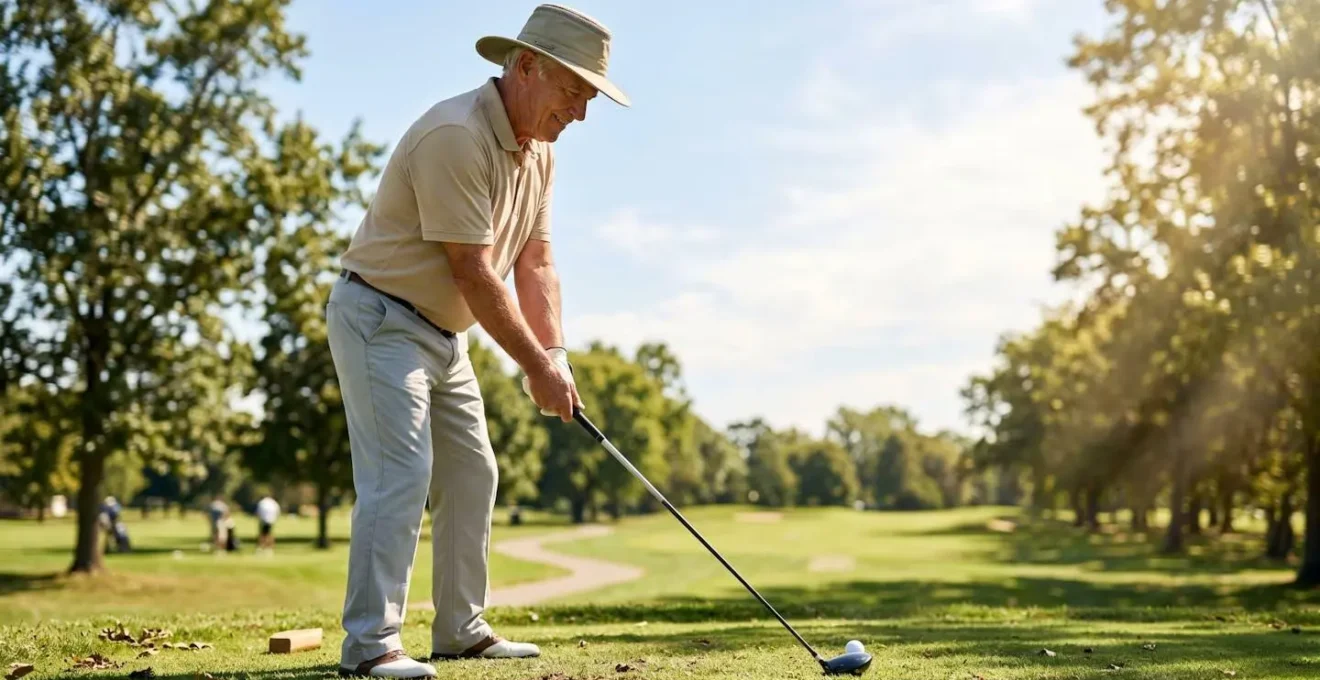 Senior golfer teeing off during midday sun for optimal vitamin D synthesis