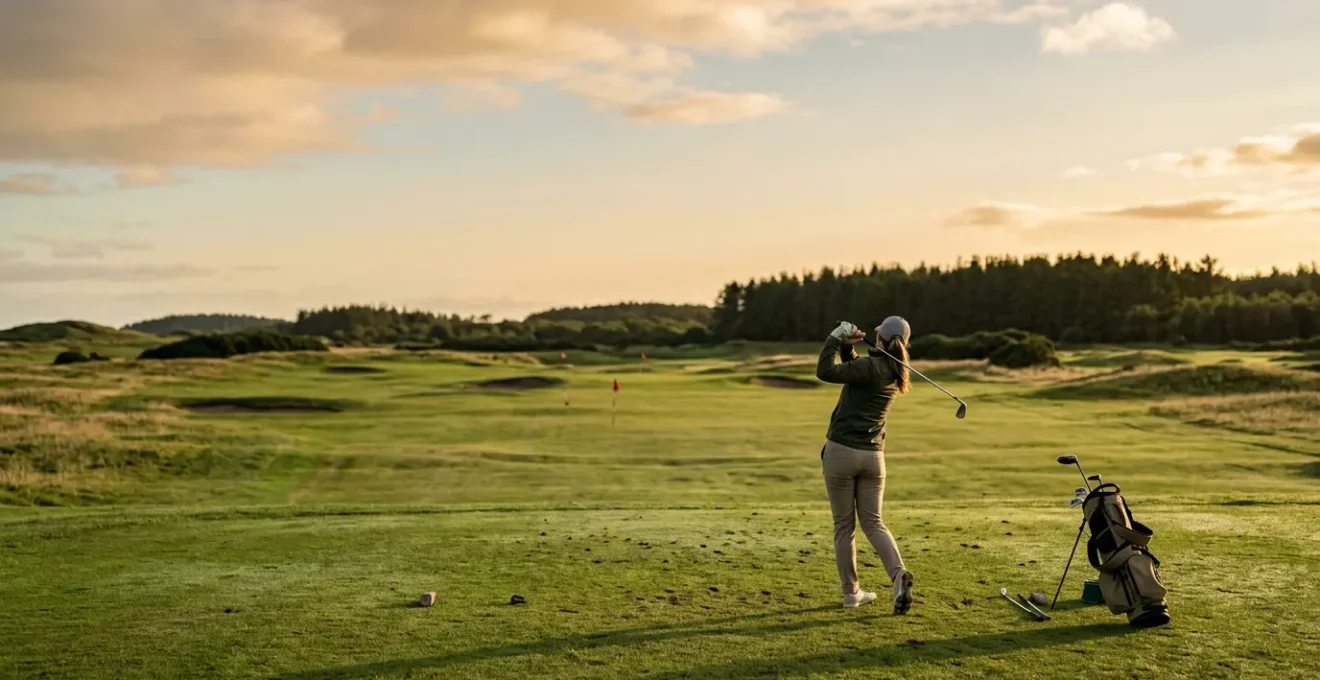 Golfer on practice range with contemplative expression during improvement journey