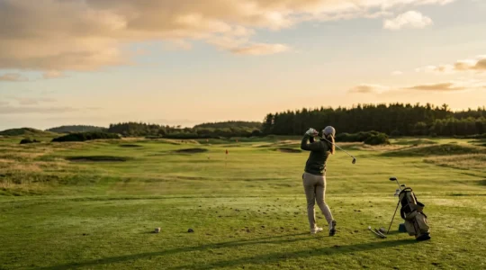 Golfer on practice range with contemplative expression during improvement journey