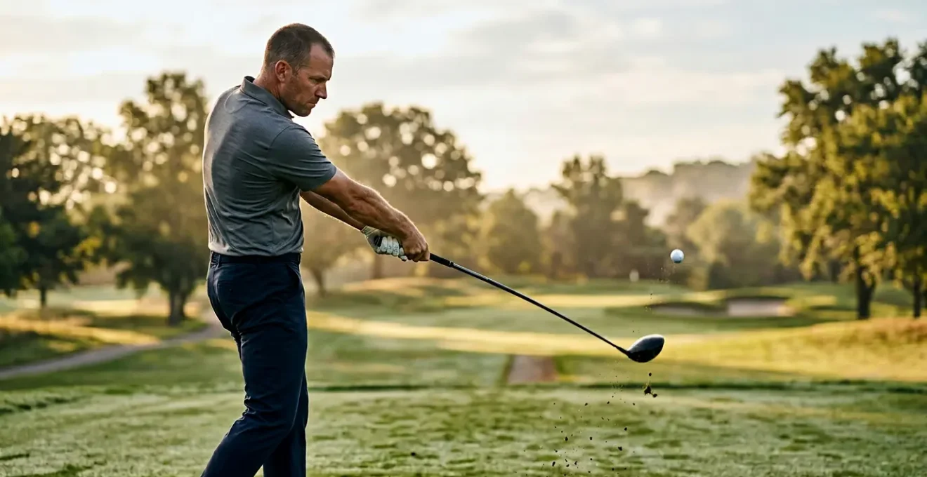 Professional golfer at the moment of driver impact showing optimal upward angle of attack and launch conditions