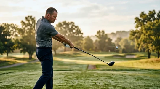 Professional golfer at the moment of driver impact showing optimal upward angle of attack and launch conditions