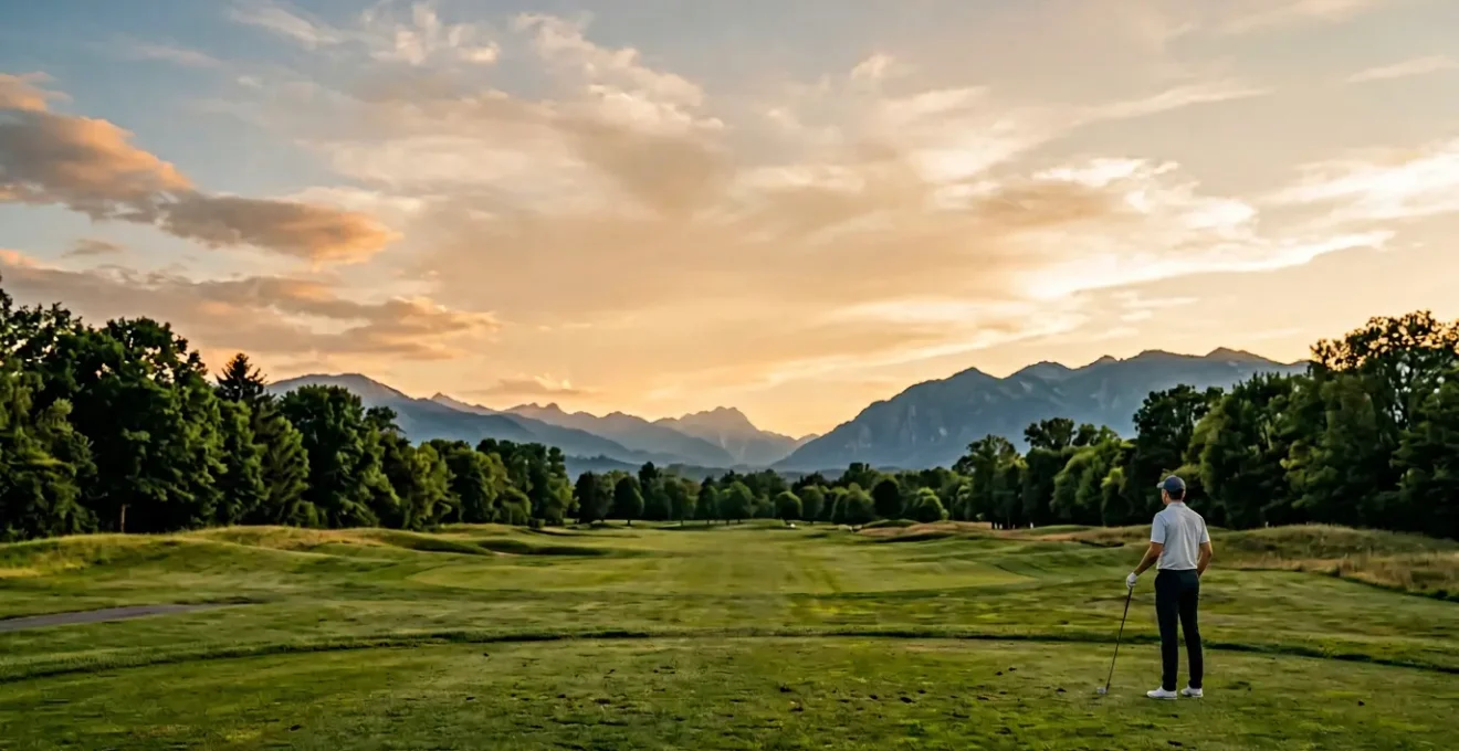 Professional golfer standing on scenic golf course practicing soft gaze technique toward distant horizon for mental recovery