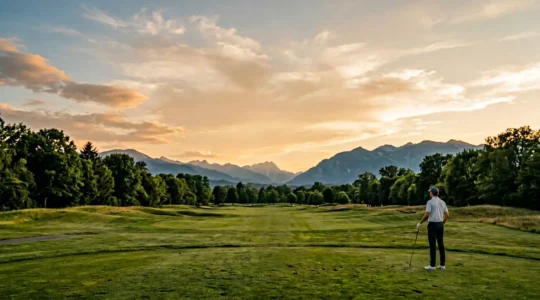 Professional golfer standing on scenic golf course practicing soft gaze technique toward distant horizon for mental recovery