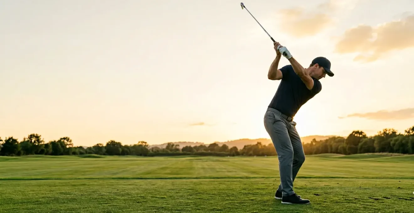 Professional golfer demonstrating optimal swing plane mechanics on practice range