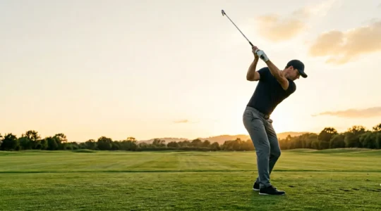 Professional golfer demonstrating optimal swing plane mechanics on practice range