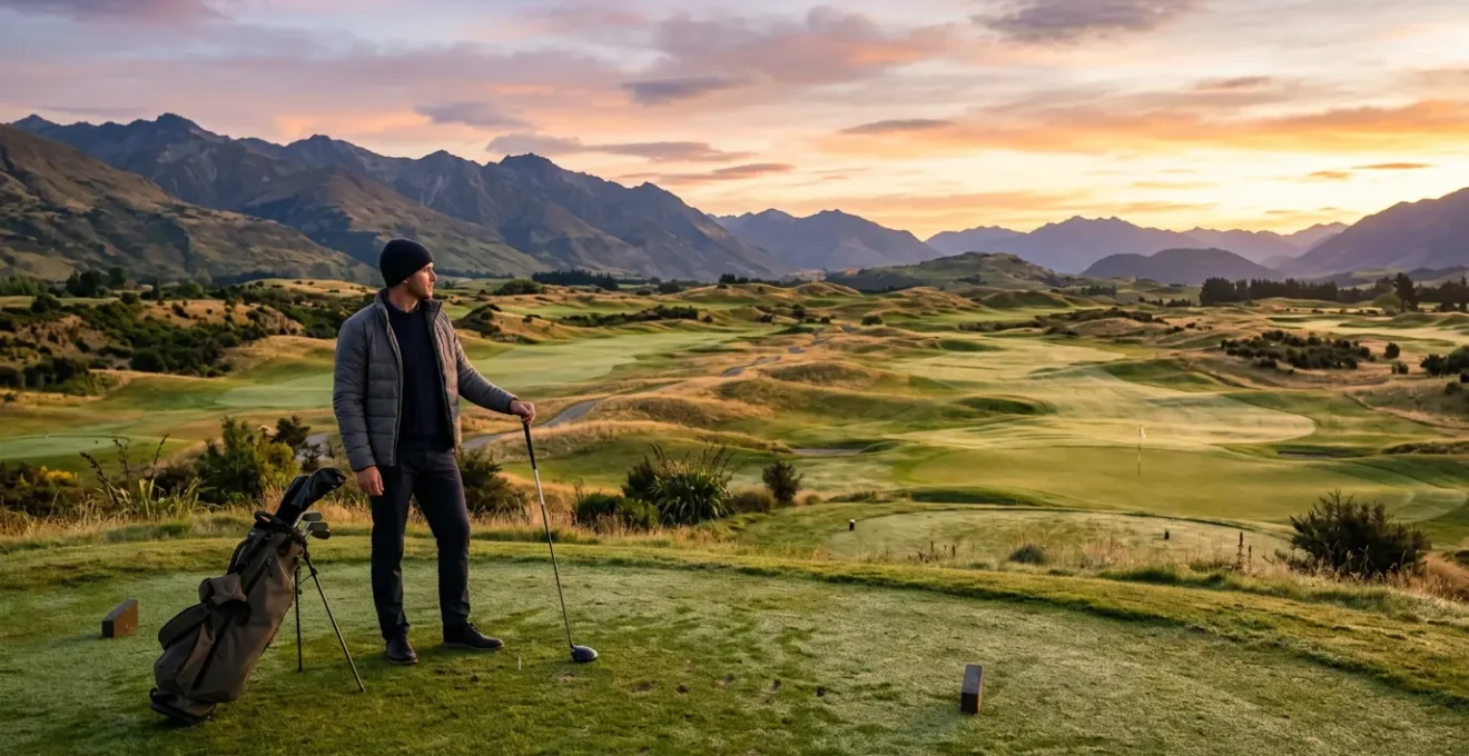 Golfer overlooking a scenic championship course during golden hour in the off-season