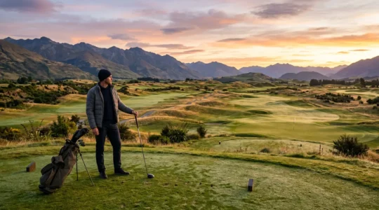 Golfer overlooking a scenic championship course during golden hour in the off-season