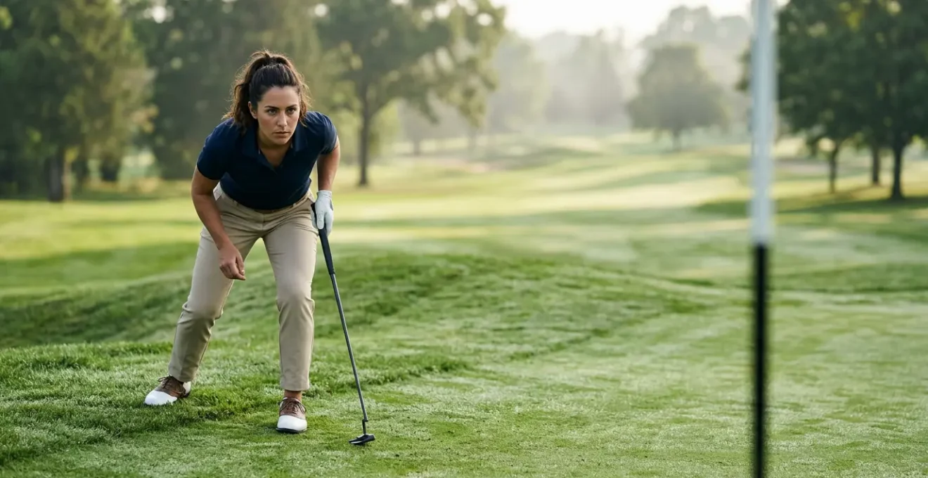 Professional golfer straddling putt line, feeling slope through weight distribution on feet