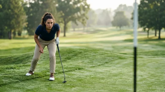 Professional golfer straddling putt line, feeling slope through weight distribution on feet