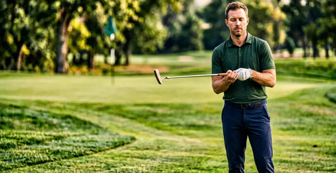 Professional golfer standing on practice green with eyes closed feeling slope through feet to read subtle breaks