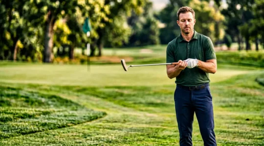 Professional golfer standing on practice green with eyes closed feeling slope through feet to read subtle breaks