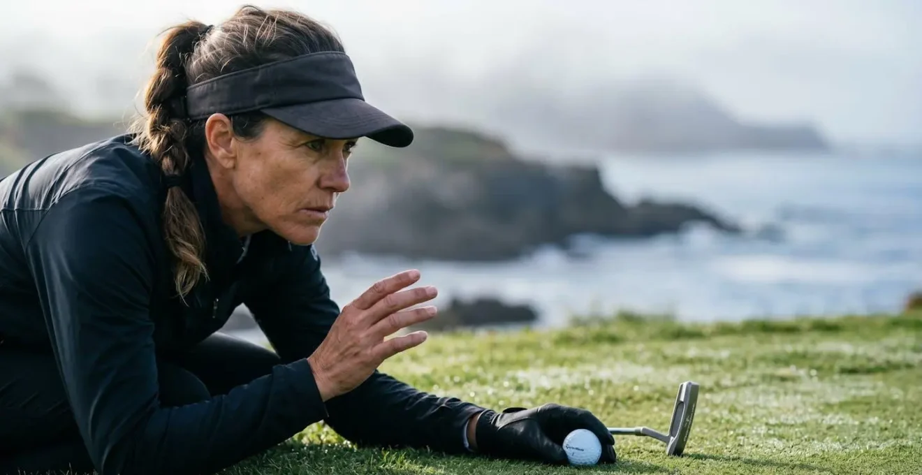 Golfer analyzing green slope with ocean visible in background during marine layer conditions