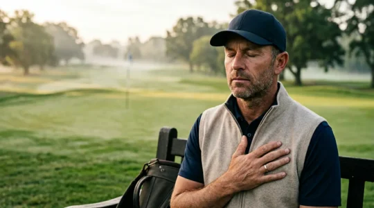 Professional golfer maintaining composure on golf course after challenging shot