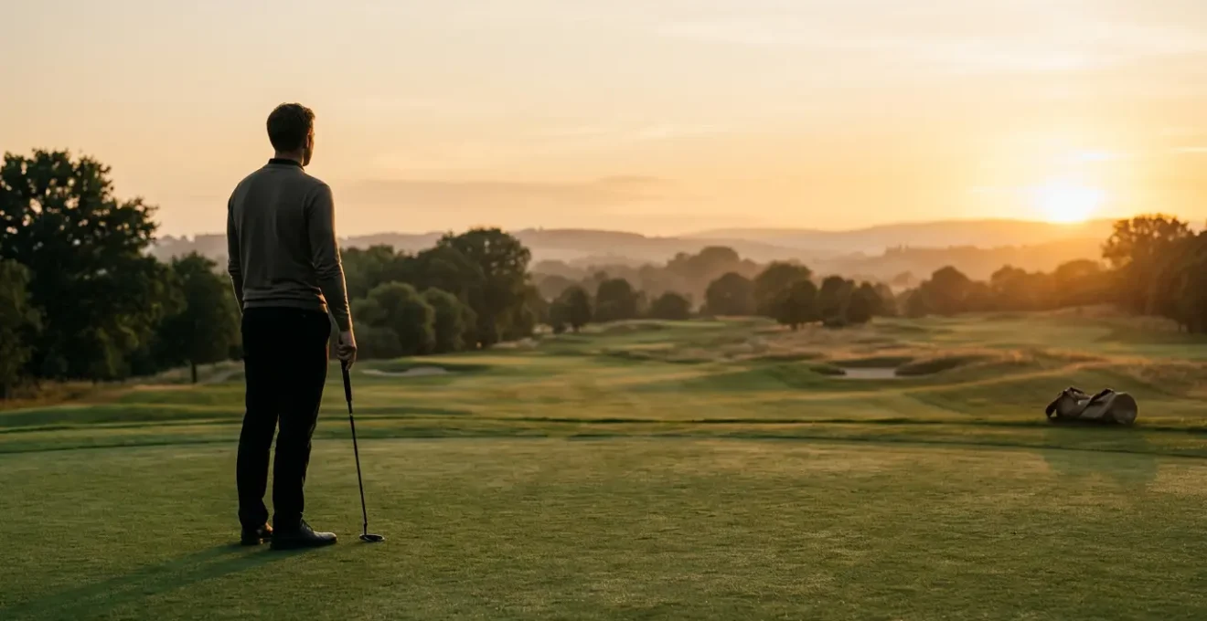 Golfer standing reflectively on practice green at golden hour with soft focus on horizon