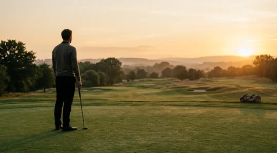 Golfer standing reflectively on practice green at golden hour with soft focus on horizon