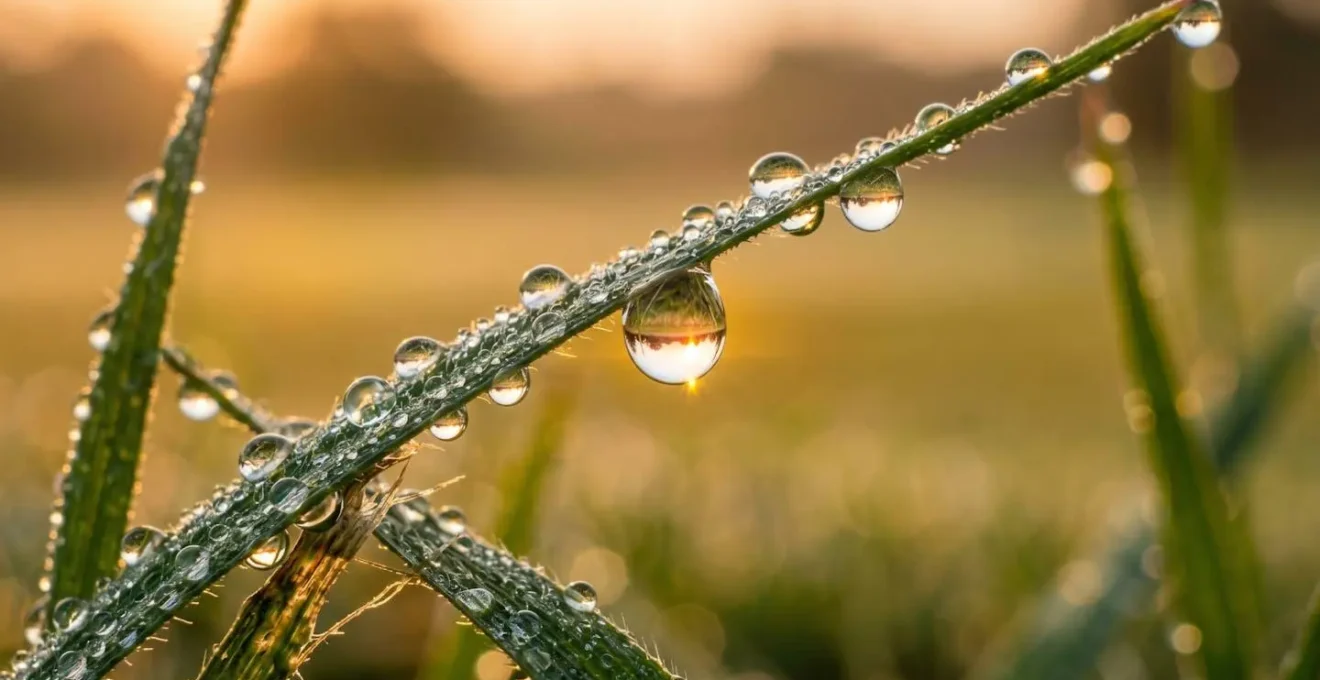 Extreme close-up of morning dew on a blade of golf course grass, representing sensory focus.