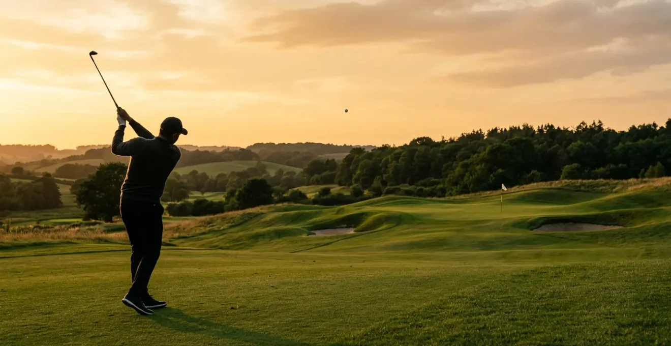 Professional golfer executing a precise 50-yard wedge shot to the green with perfect form and technique