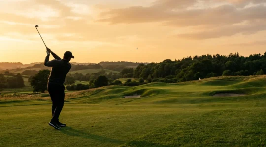 Professional golfer executing a precise 50-yard wedge shot to the green with perfect form and technique