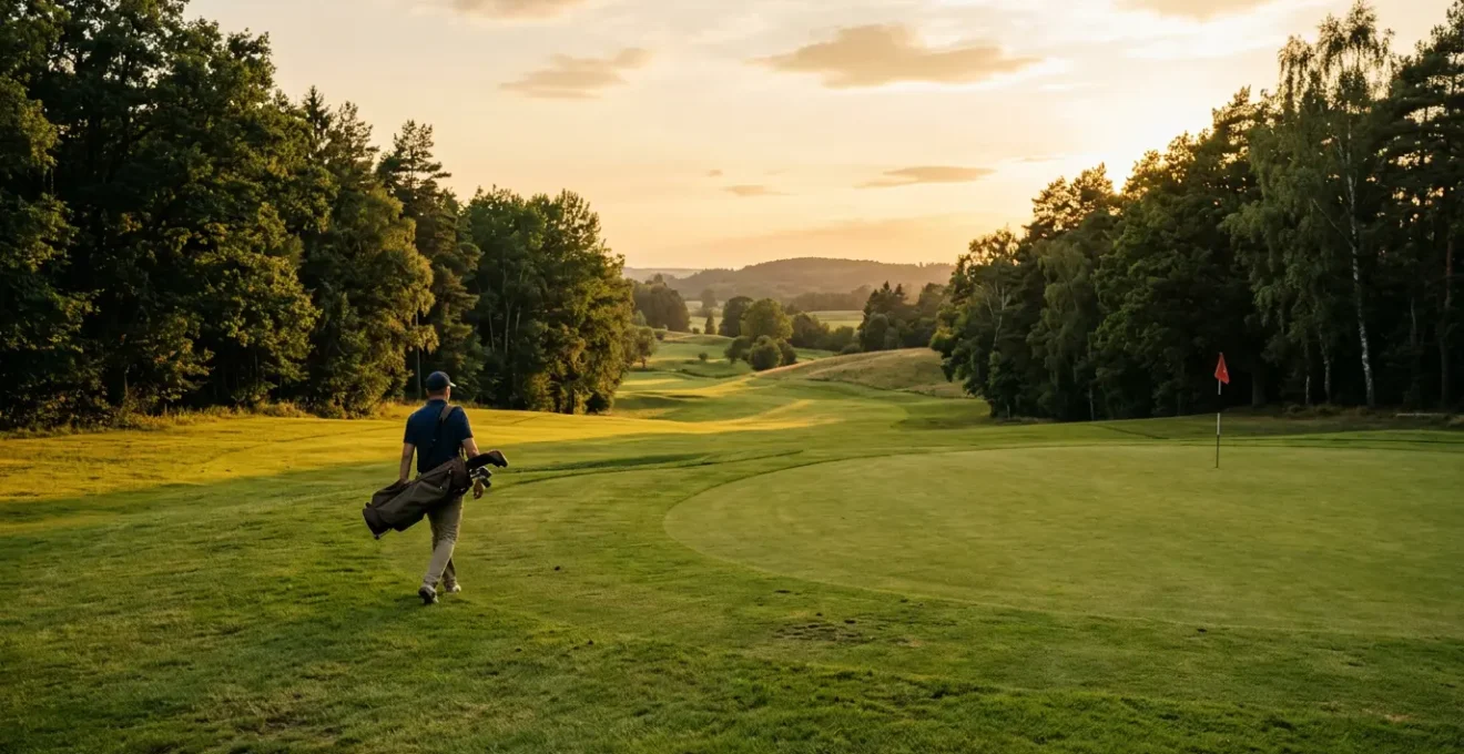 A solitary golfer walking along a fairway during golden hour with warm sunset light creating long shadows