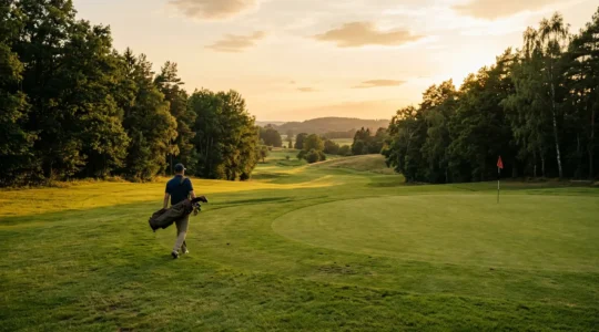 A solitary golfer walking along a fairway during golden hour with warm sunset light creating long shadows