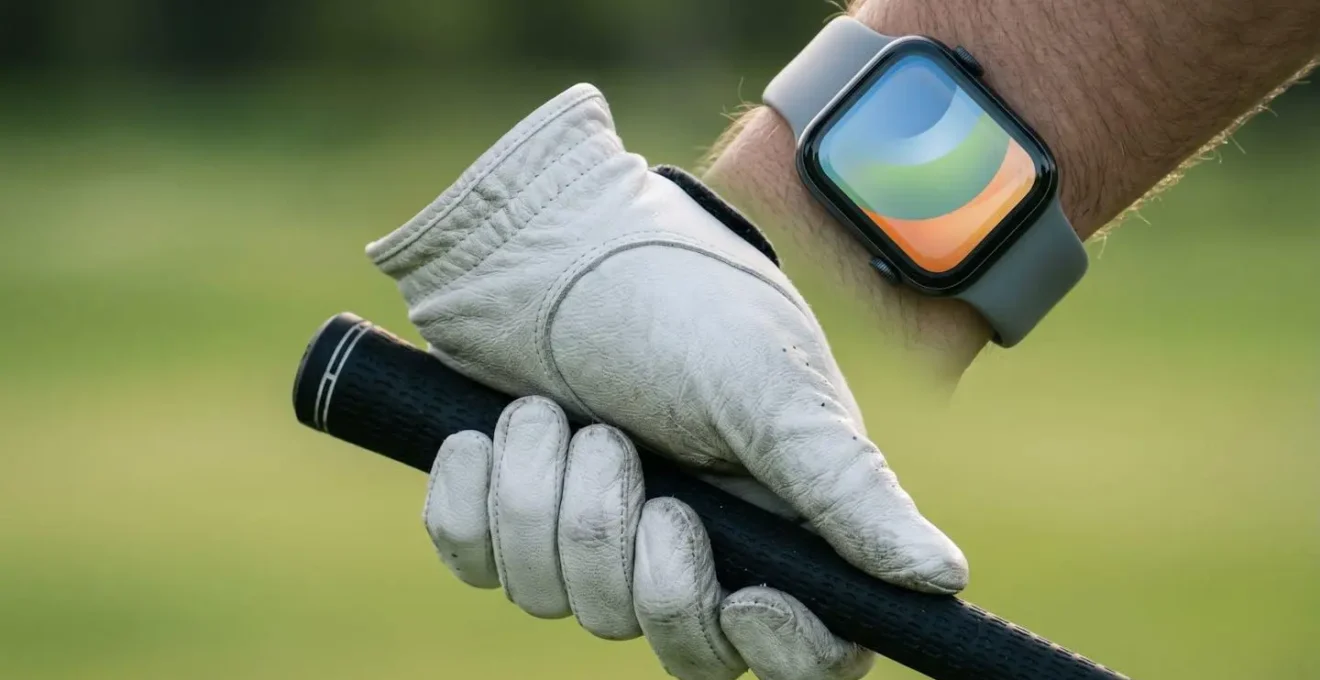 Close-up of golfer's wrist showing a smartwatch with colored heart rate zones during swing preparation.