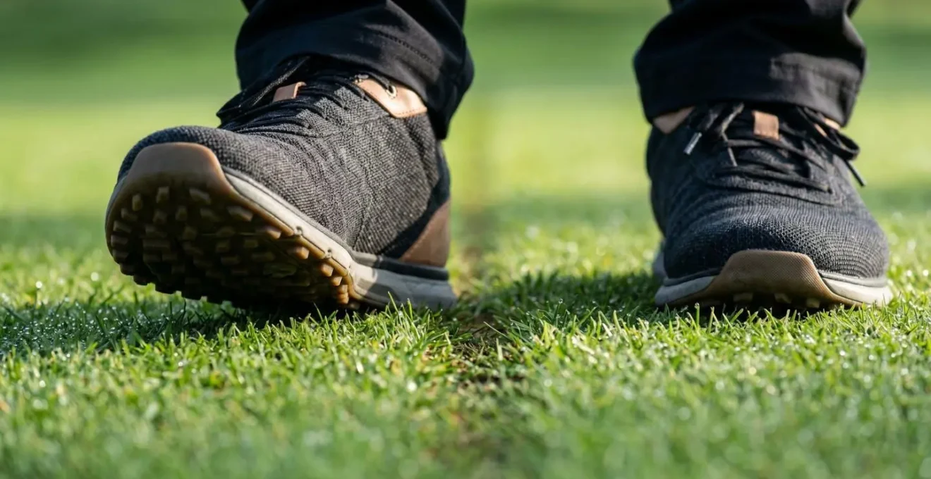 Close-up of golfer's feet straddling a putting line showing weight shift