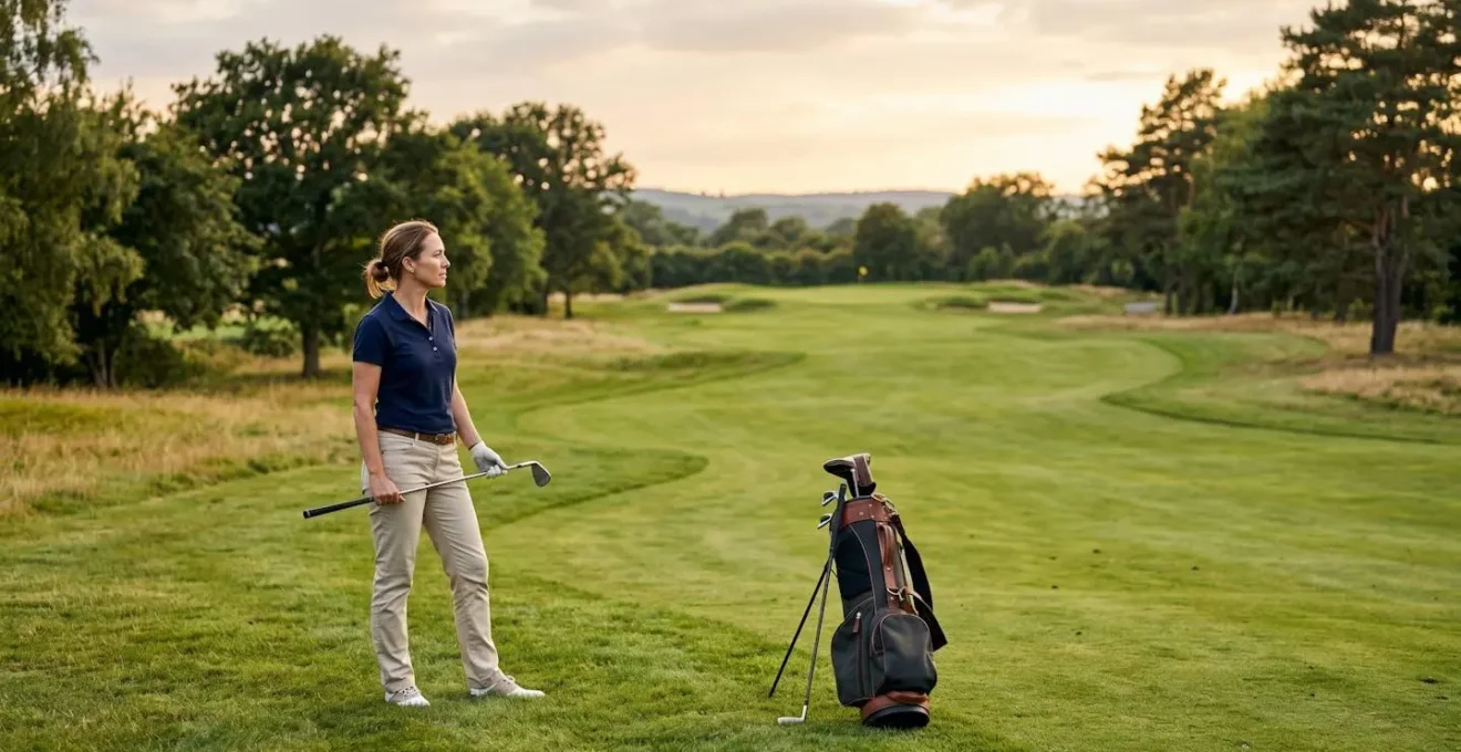 Golfer evaluating layup position on par 5 with wide fairway perspective